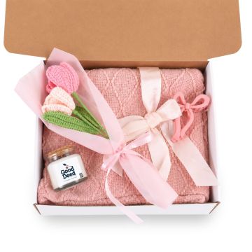 Good Deed - Candle (4 oz), Pink Blanket, and Crochet Flower Gift Set
